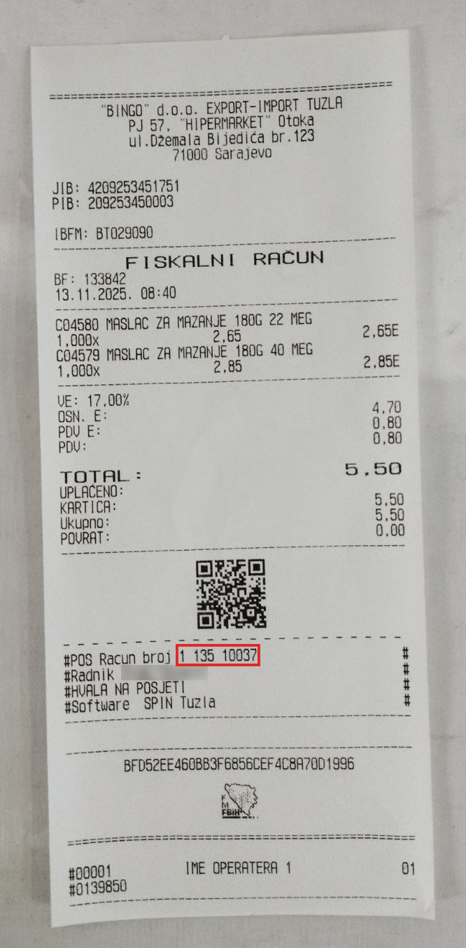 Primjer računa FBiH